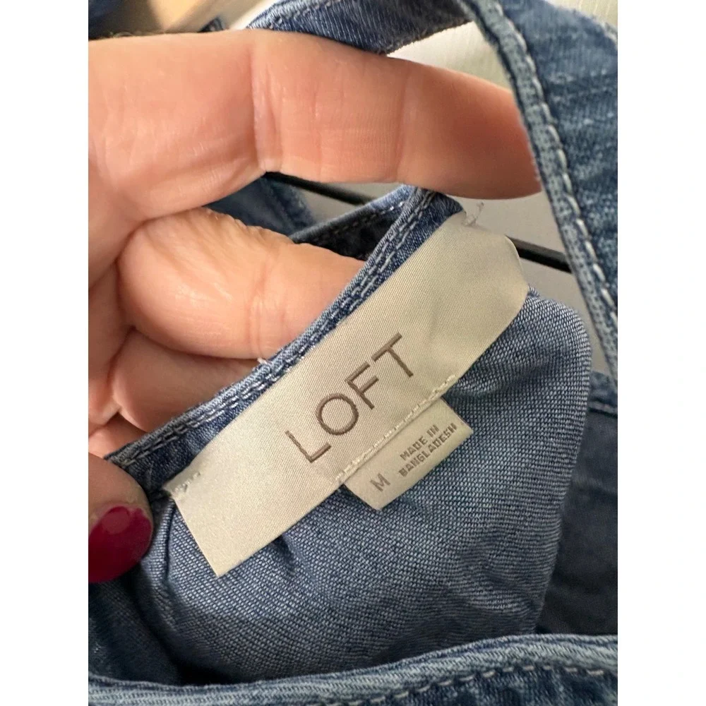 LOFT Chambray Top Blue Denim Open Back Puff Sleeve Medium